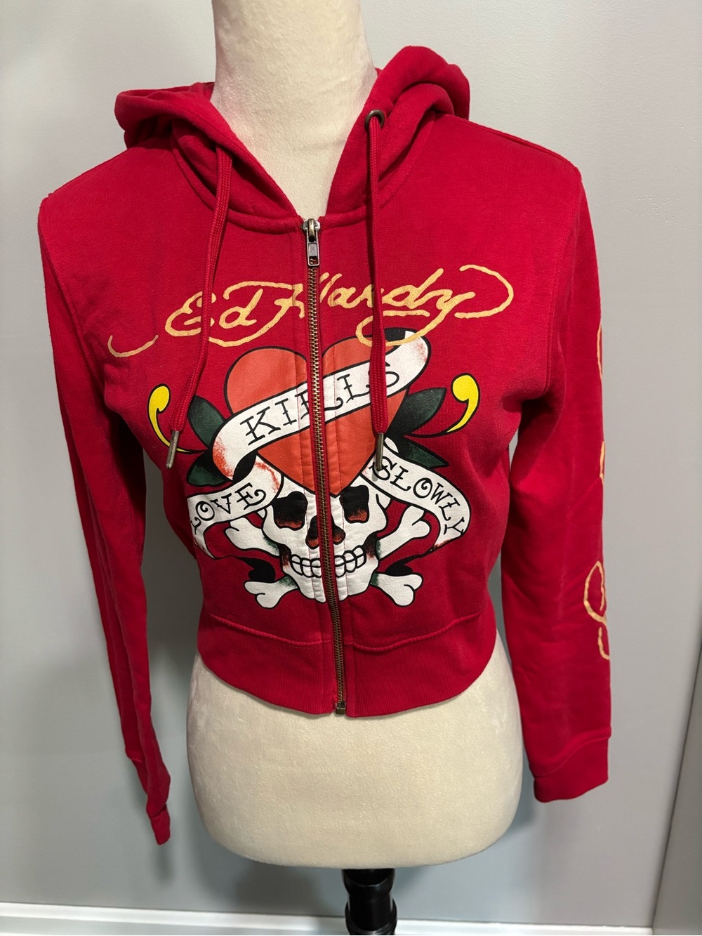 Ed Hardy Red Zip-Up Hoodie Jacket with Skull Heart Graphic